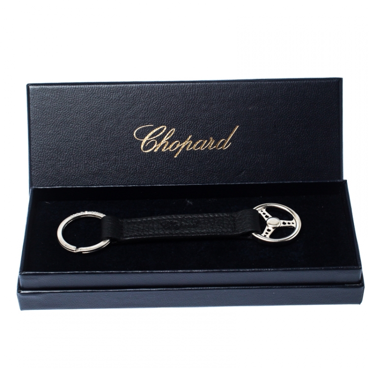Pre Owned Chopard Steering Wheel Black Leather Silver Tone Key Ring