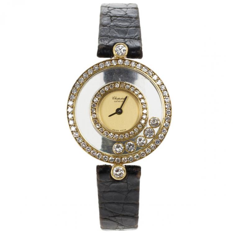 مملوكة مسبقًا Chopard Gold 18K Yellow Gold Happy Diamonds Women’s Wristwatch 24MM