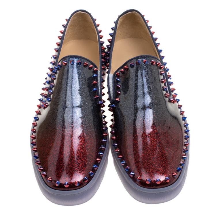 Pre Owned Christian Louboutin Ombrè Glitter Patent Leather Spike Pik Boat Slip On Sneakers Size 43.5