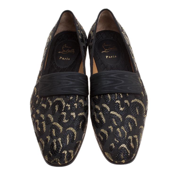 Pre Owned Christian Louboutin Black Leopard Woven Jacquard Loafers Size 44.5