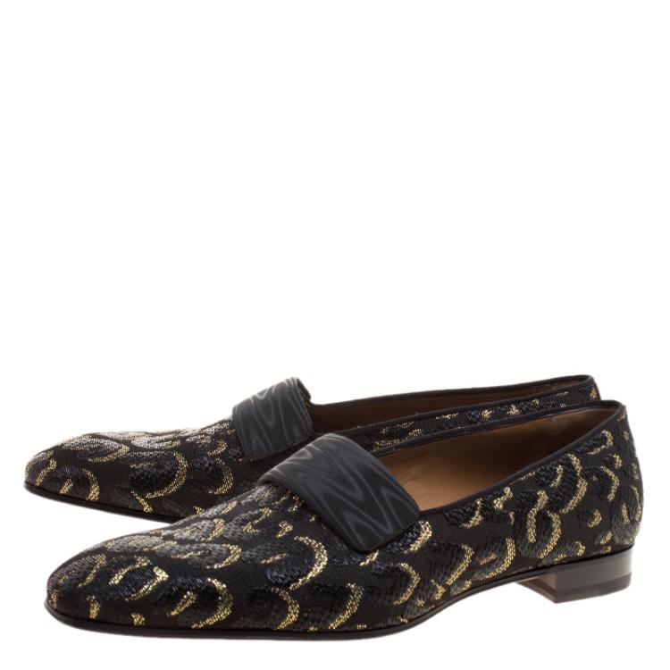 Pre Owned Christian Louboutin Black Leopard Woven Jacquard Loafers Size 44.5