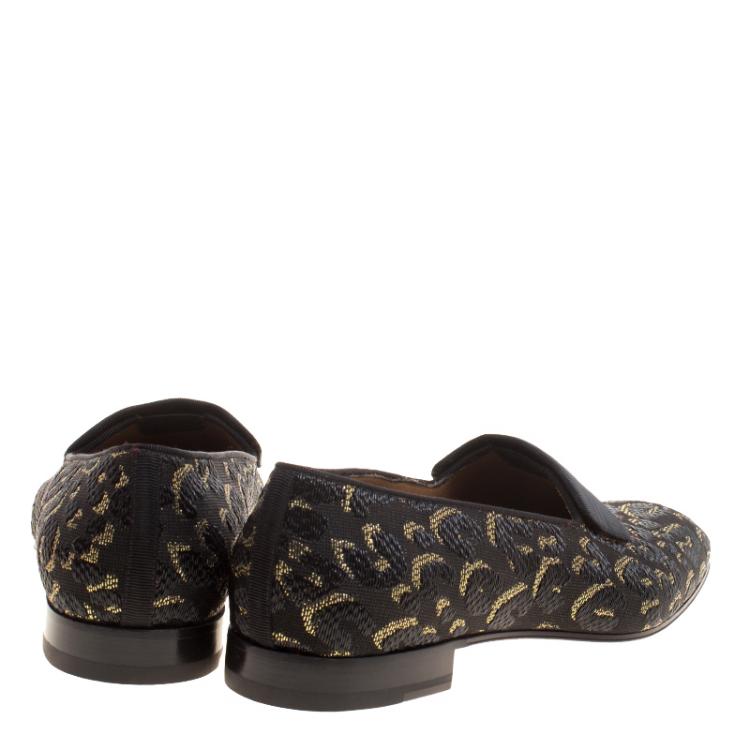Pre Owned Christian Louboutin Black Leopard Woven Jacquard Loafers Size 44.5