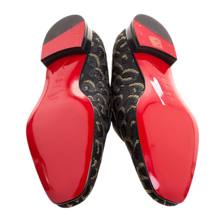 Pre Owned Christian Louboutin Black Leopard Woven Jacquard Loafers Size 44.5