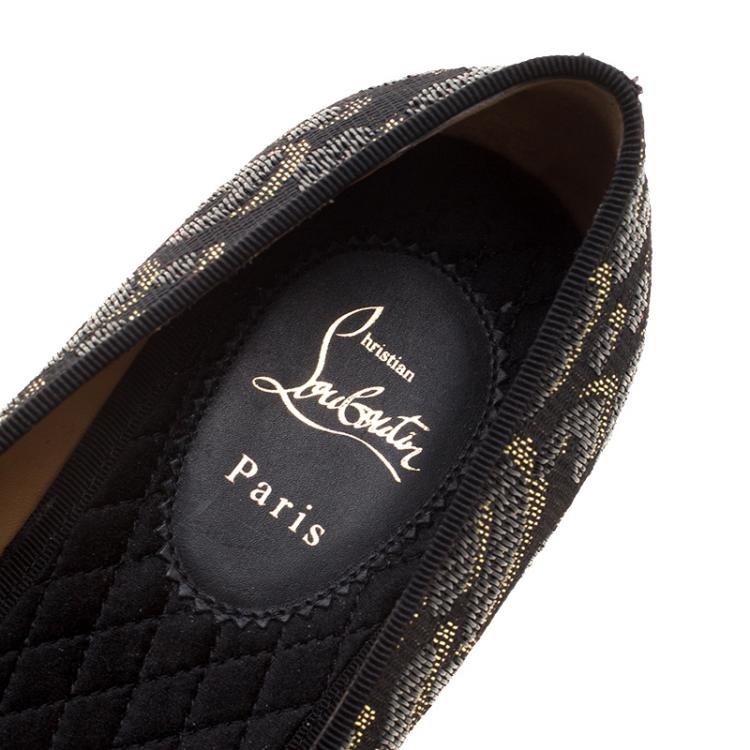 Pre Owned Christian Louboutin Black Leopard Woven Jacquard Loafers Size 44.5