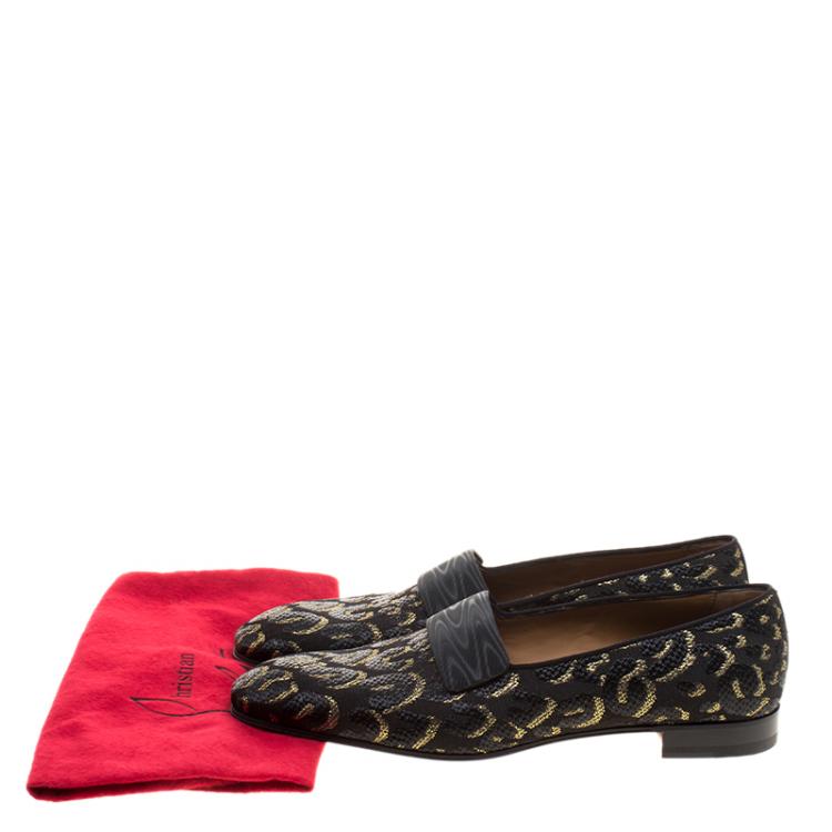 Pre Owned Christian Louboutin Black Leopard Woven Jacquard Loafers Size 44.5