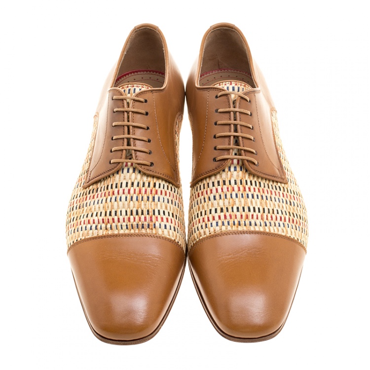 Pre Owned Christian Louboutin Brown Leather and Woven Straw Daviol Derby Size 41