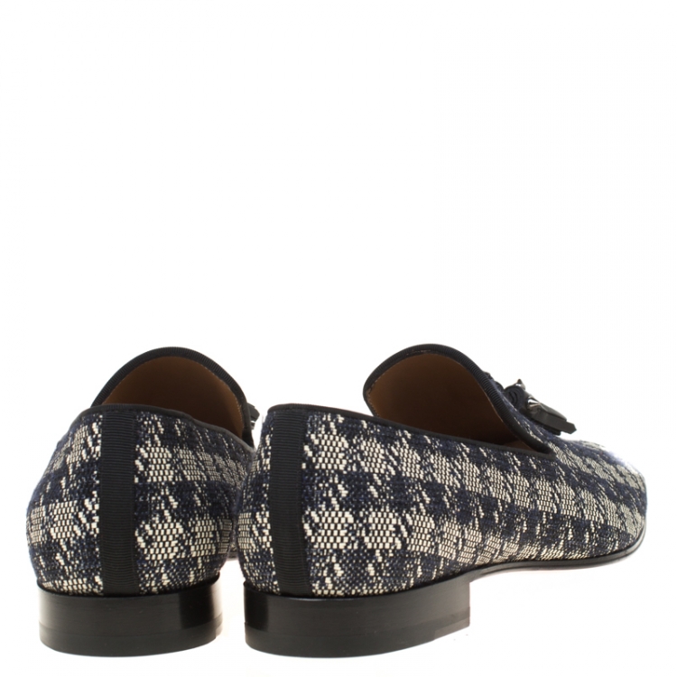 Pre Owned Christian Louboutin Two Tone Houndstooth Weave Dandelion Tassel Loafers Size 43.5