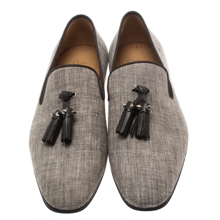 Pre Owned Christian Louboutin Grey Canvas Dandelion Spiked Tassel Detail Loafers Size 40