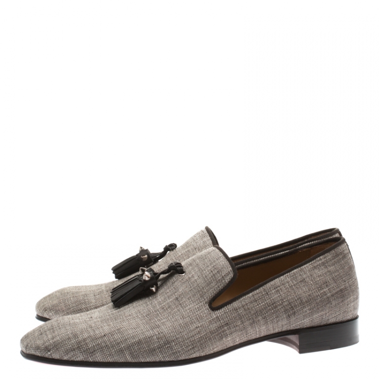 Pre Owned Christian Louboutin Grey Canvas Dandelion Spiked Tassel Detail Loafers Size 40