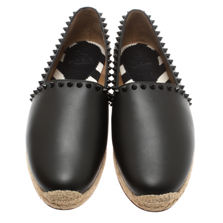Pre Owned Christian Louboutin Black Leather Melides Spike Trim Espadrilles Size 40