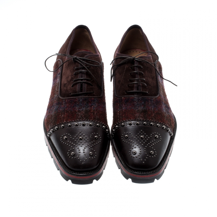 Pre Owned Christian Louboutin Brown Leather Wool Blend Robertus Studded Lace Up Oxfords Size 43.5