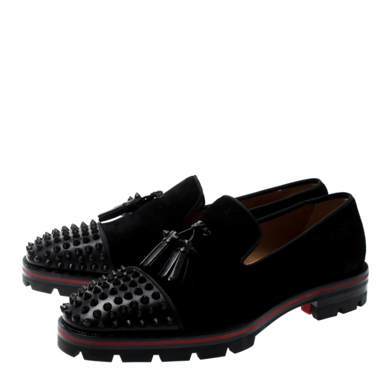 Pre Owned Christian Louboutin Black Suede And Leather Rossini Spike Embellished Cap Toe Platform Loafers Size 40