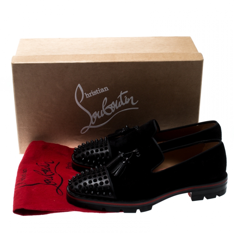 Pre Owned Christian Louboutin Black Suede And Leather Rossini Spike Embellished Cap Toe Platform Loafers Size 40