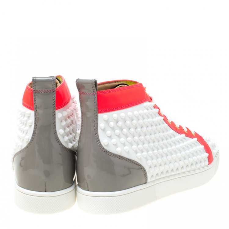 Pre Owned Christian Louboutin White Leather With Flourescent Matt Louis Spikes High Top Sneakers Size 45