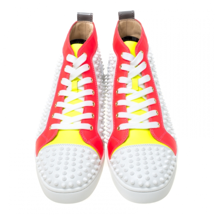 Pre Owned Christian Louboutin White Leather With Flourescent Matt Louis Spikes High Top Sneakers Size 45
