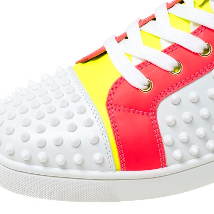 Pre Owned Christian Louboutin White Leather With Flourescent Matt Louis Spikes High Top Sneakers Size 45