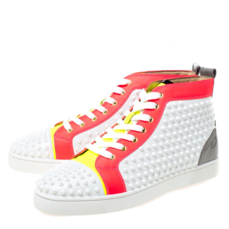 Pre Owned Christian Louboutin White Leather With Flourescent Matt Louis Spikes High Top Sneakers Size 45