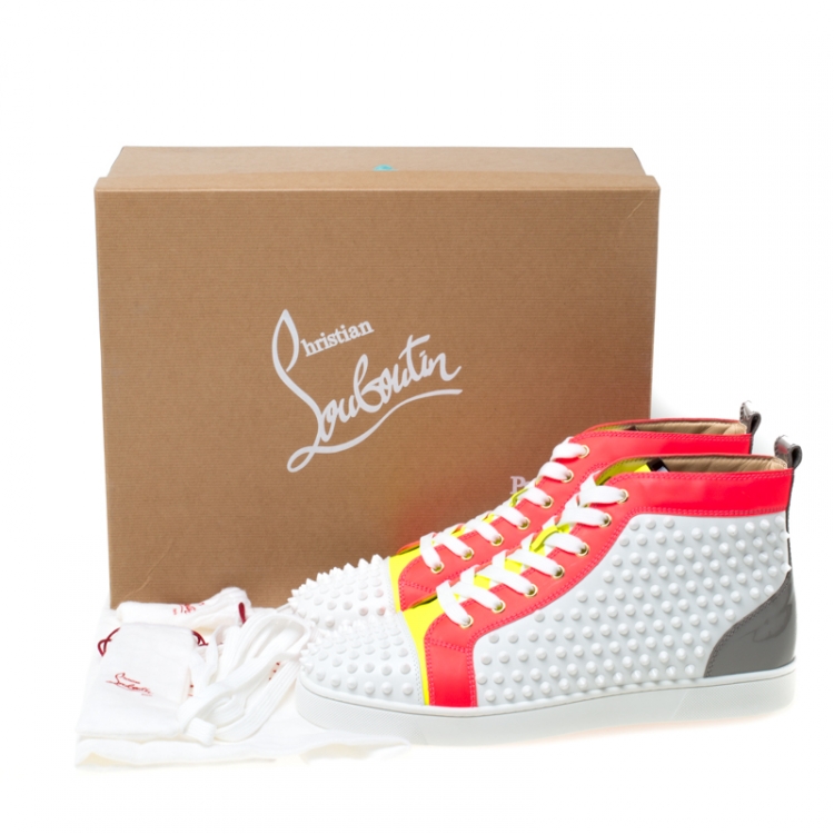 Pre Owned Christian Louboutin White Leather With Flourescent Matt Louis Spikes High Top Sneakers Size 45
