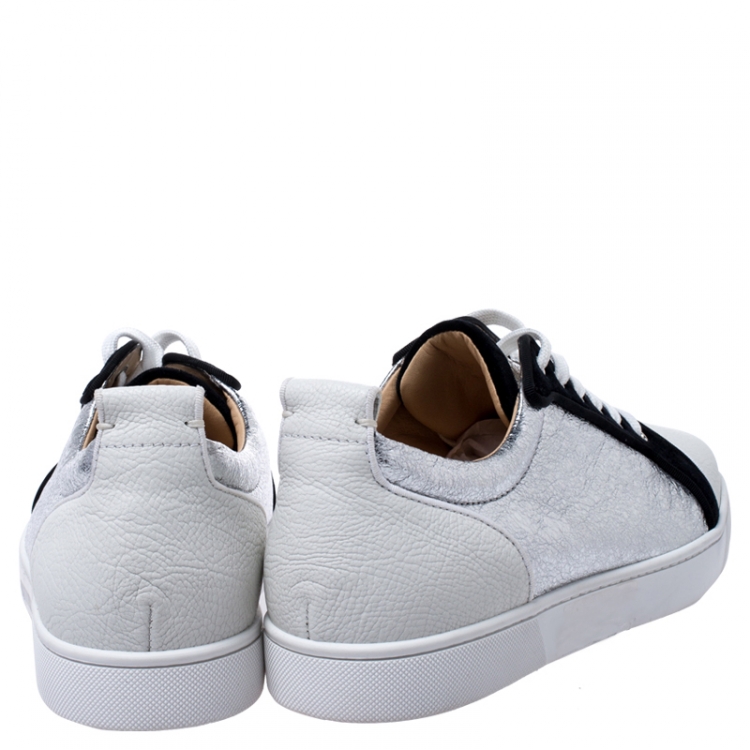 Pre Owned Christian Louboutin Silver/White Foil Leather and Leather Orlato Low Top Sneakers 43.5