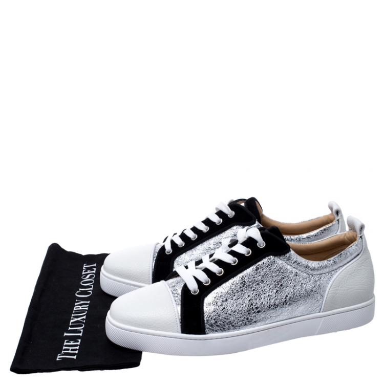Pre Owned Christian Louboutin Silver/White Foil Leather and Leather Orlato Low Top Sneakers 43.5