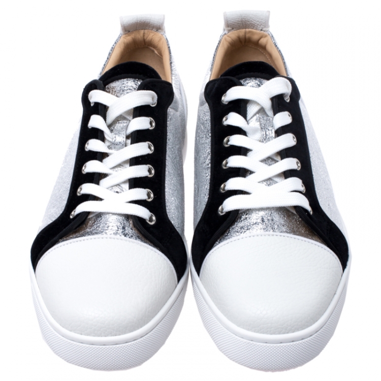 Pre Owned Christian Louboutin Silver/White Foil Leather and Leather Orlato Low Top Sneakers 43.5