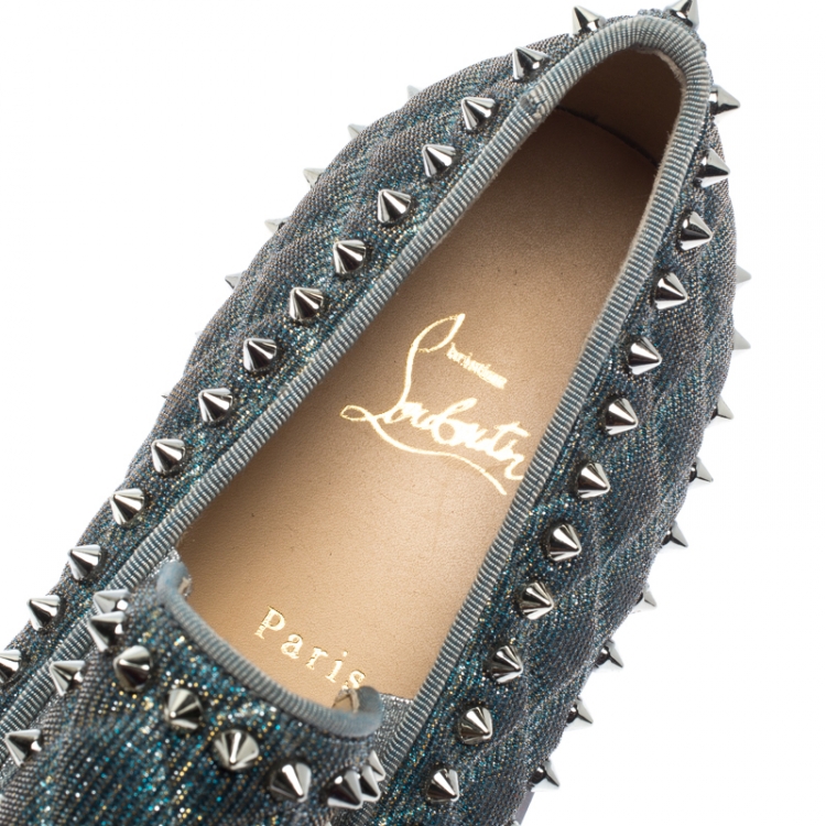 Pre Owned Christian Louboutin Blue Quilted Glitter Fabric Spike Pik Boat Slip On Sneakers Size 43.5