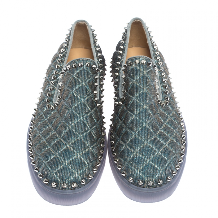 Pre Owned Christian Louboutin Blue Quilted Glitter Fabric Spike Pik Boat Slip On Sneakers Size 43.5