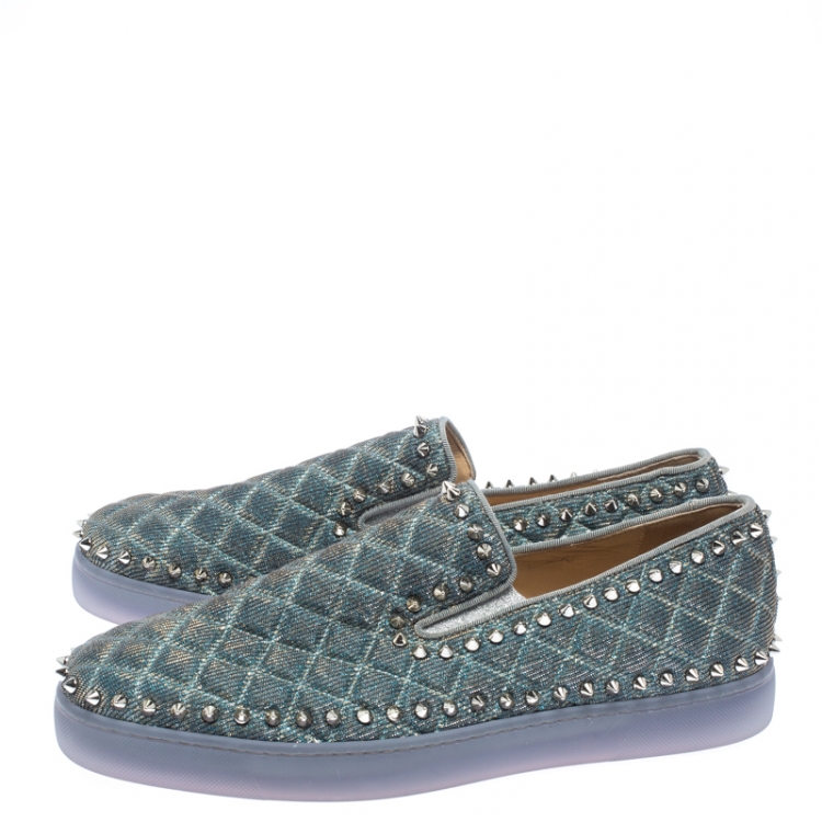 Pre Owned Christian Louboutin Blue Quilted Glitter Fabric Spike Pik Boat Slip On Sneakers Size 43.5