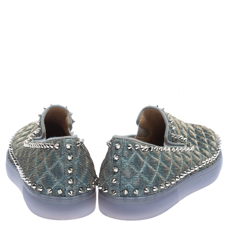 Pre Owned Christian Louboutin Blue Quilted Glitter Fabric Spike Pik Boat Slip On Sneakers Size 43.5