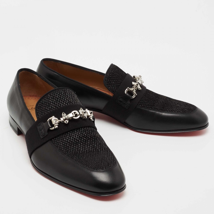 Pre Owned Christian Louboutin Black Leather and Raffia Panamax Spiked Loafers Size 43.5  