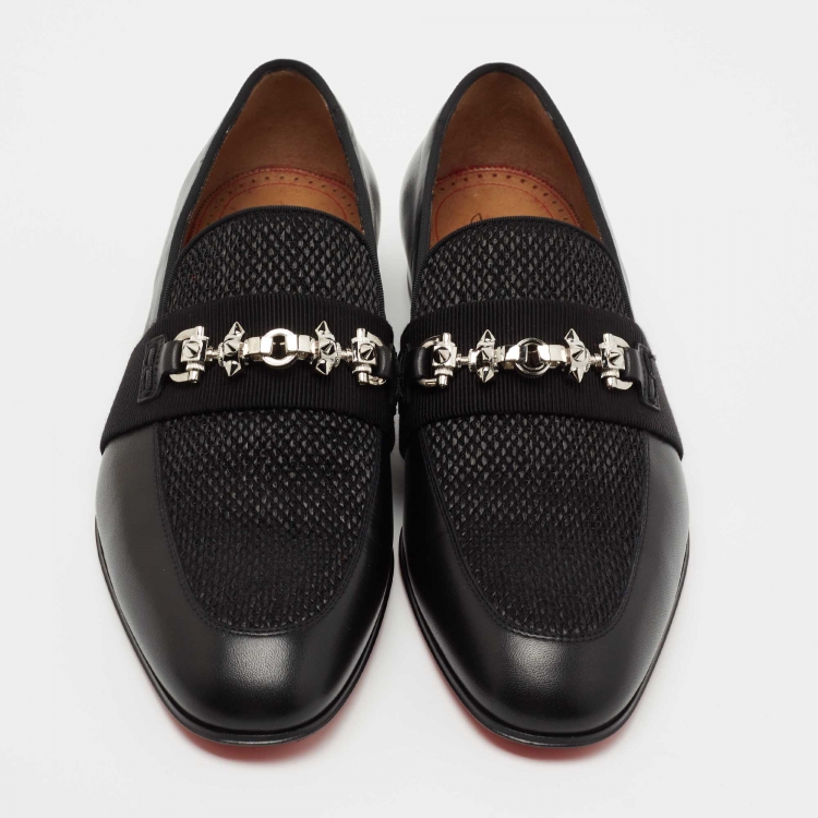 Pre Owned Christian Louboutin Black Leather and Raffia Panamax Spiked Loafers Size 43.5  