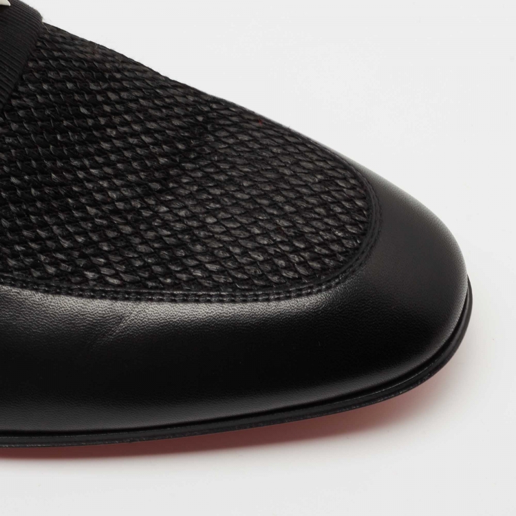 Pre Owned Christian Louboutin Black Leather and Raffia Panamax Spiked Loafers Size 43.5  