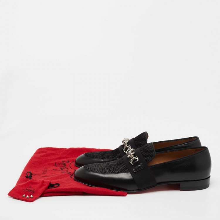 Pre Owned Christian Louboutin Black Leather and Raffia Panamax Spiked Loafers Size 43.5  