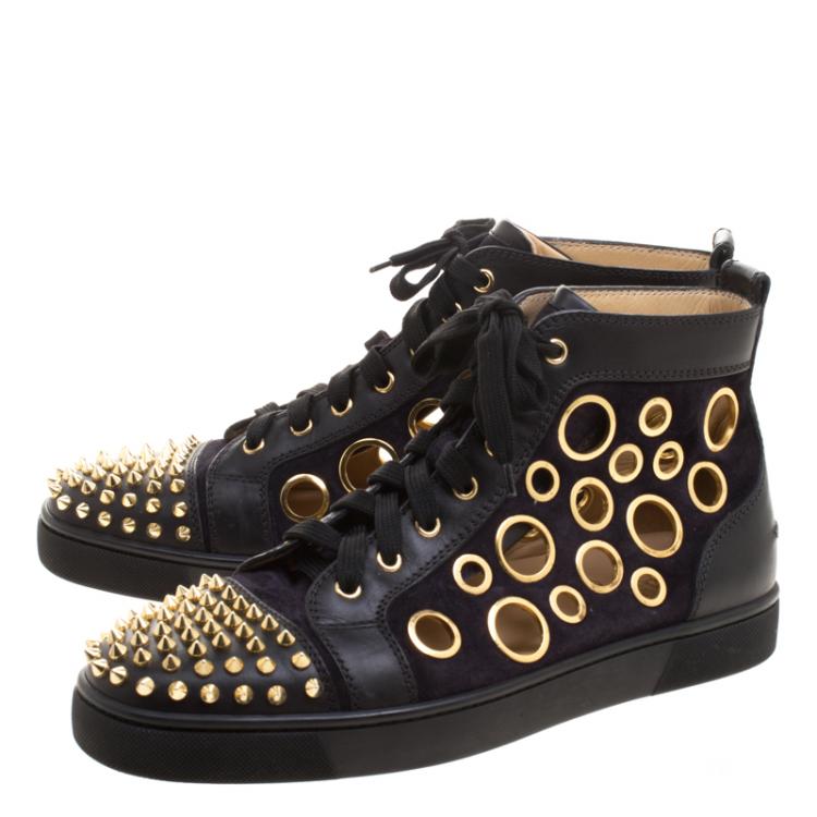 مملوكة مسبقًا Christian Louboutin Two Tone Suede And Leather Bubble Spikes High Top Sneakers Size 43