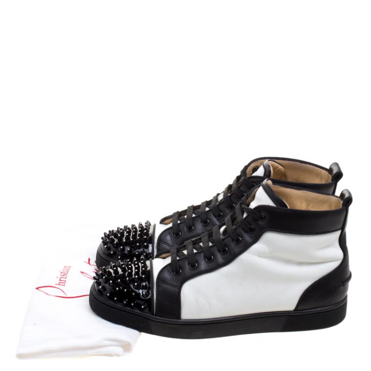 Pre Owned Christian Louboutin Monochrome Leather Lou Crystal Embellished Spikes Orlato Sneakers Size 42.5