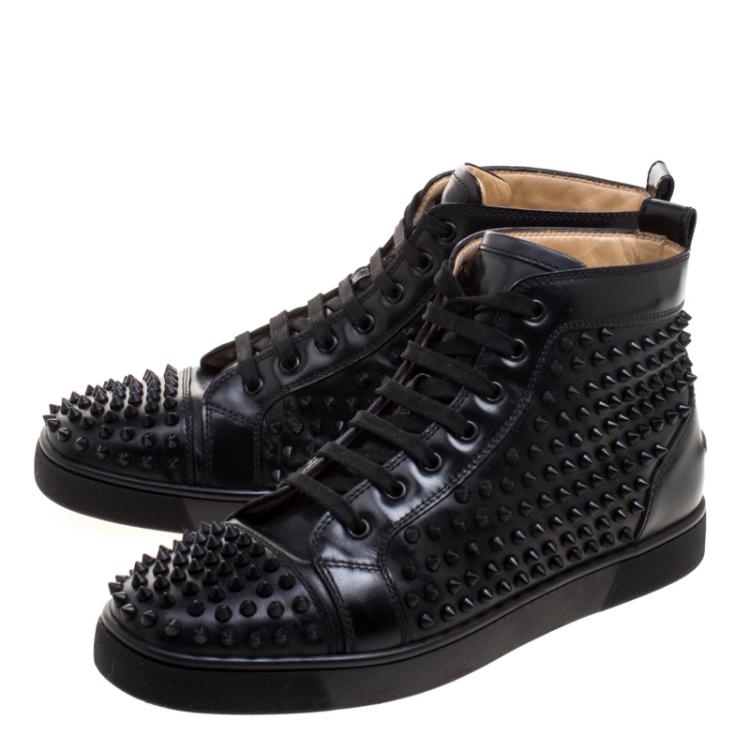 Pre Owned Christian Louboutin Black Leather Louis Spikes High Top Sneakers Size 42.5