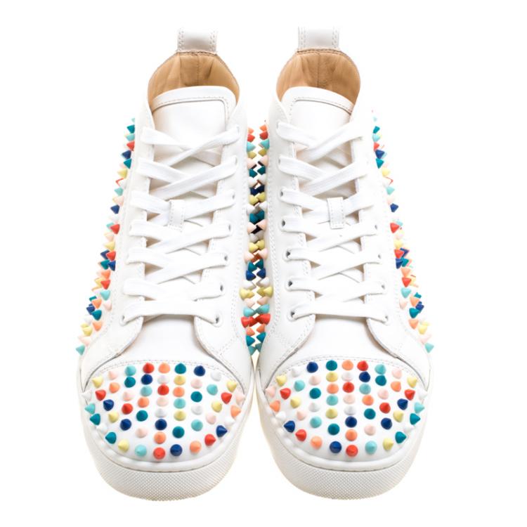 Pre Owned Christian Louboutin White Leather Louis Multicolor Spike High Top Sneakers Size 42