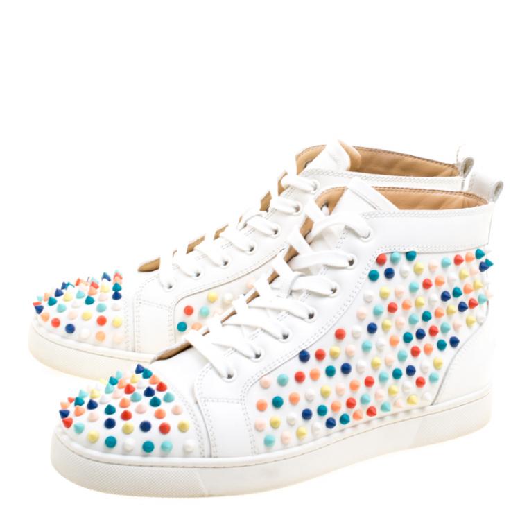 Pre Owned Christian Louboutin White Leather Louis Multicolor Spike High Top Sneakers Size 42