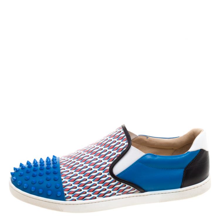Pre Owned Christian Louboutin Blue Spike Leather and Loubi Print Nazapunta Skate Sneakers Size 42
