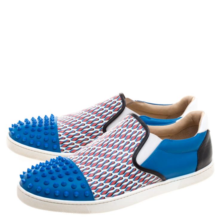 Pre Owned Christian Louboutin Blue Spike Leather and Loubi Print Nazapunta Skate Sneakers Size 42
