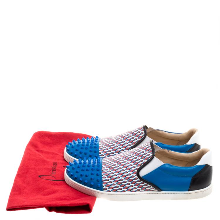 Pre Owned Christian Louboutin Blue Spike Leather and Loubi Print Nazapunta Skate Sneakers Size 42