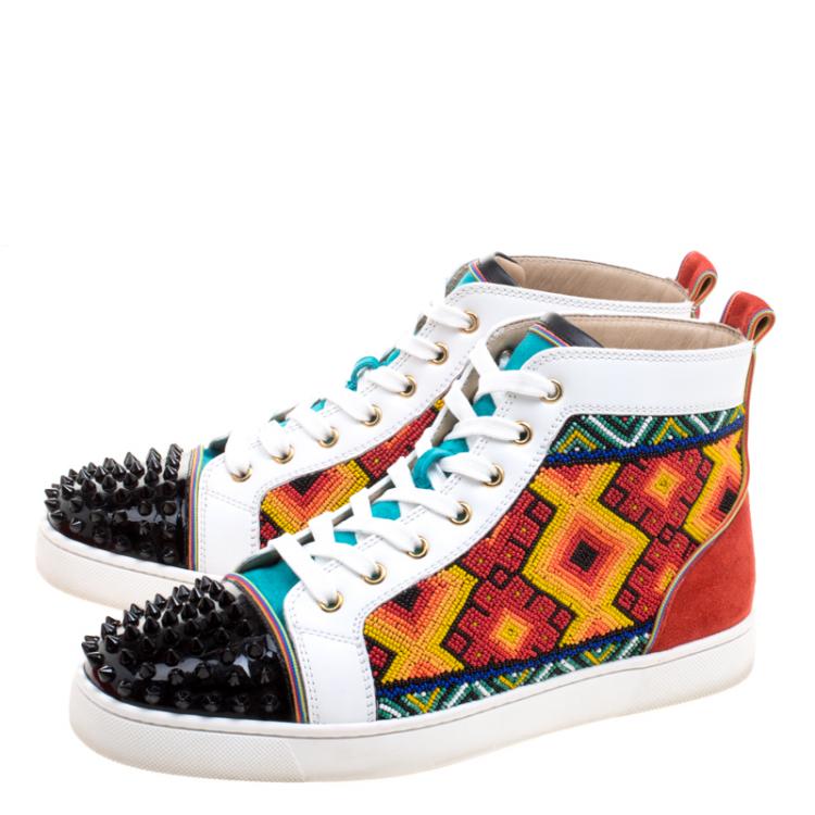 Pre Owned Christian Louboutin Multicolor Embellished Leather and Suede Tipiho High Top Sneakers Size 42