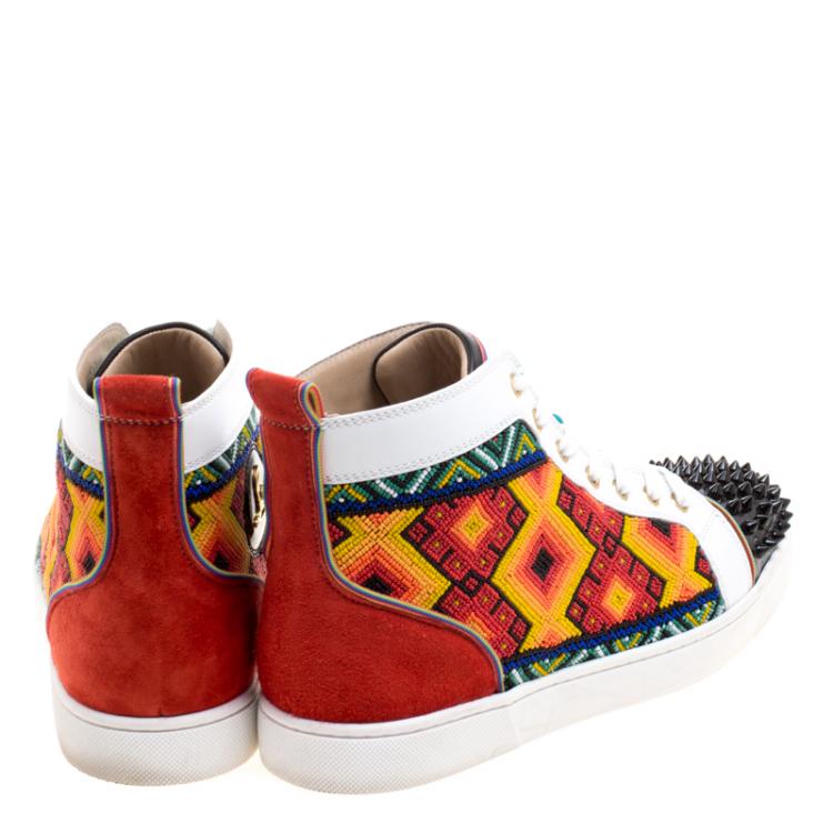 Pre Owned Christian Louboutin Multicolor Embellished Leather and Suede Tipiho High Top Sneakers Size 42