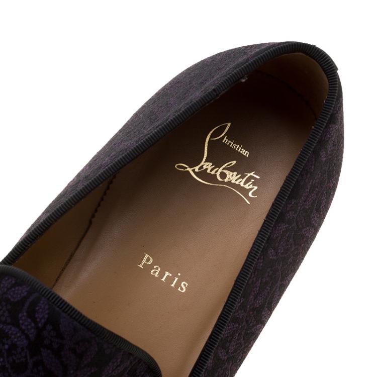 Pre Owned Christian Louboutin Black/Purple Printed Fabric Smoking Slippers Size 44
