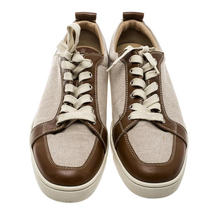Pre Owned Christian Louboutin Beige/Brown Canvas and Leather Rantulow Sneakers Size 45