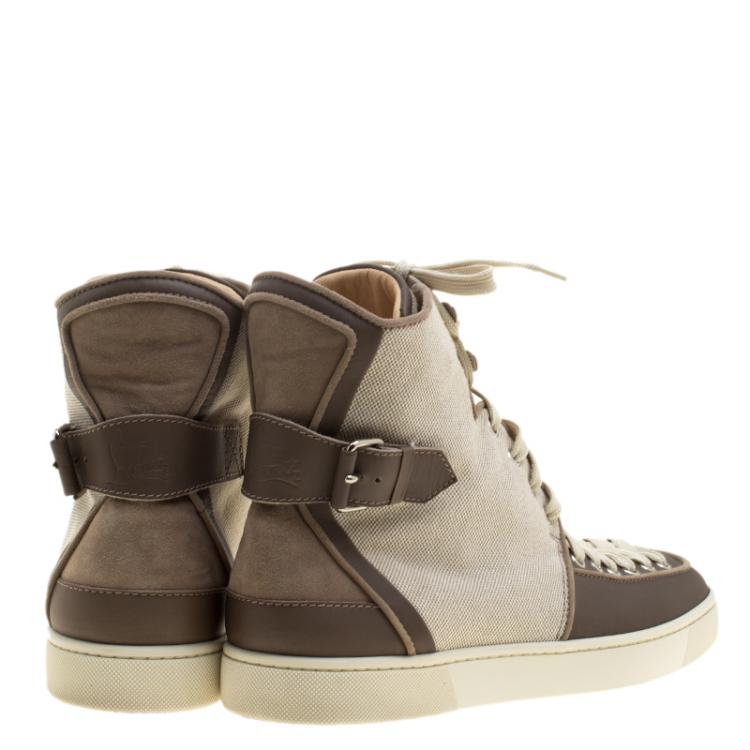 Pre Owned Christian Louboutin Beige Suede/Leather and Canvas Alfie High Top Sneakers Size 45