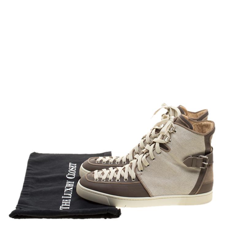 Pre Owned Christian Louboutin Beige Suede/Leather and Canvas Alfie High Top Sneakers Size 45