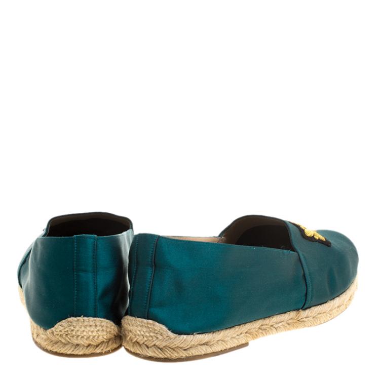 Pre Owned Christian Louboutin Teal Green Satin Nanou Creast Espadrille Size 46