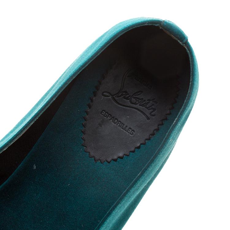 Pre Owned Christian Louboutin Teal Green Satin Nanou Creast Espadrille Size 46