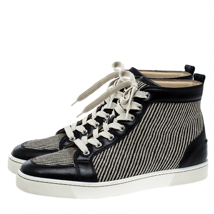 Pre Owned Christian Louboutin Beige/Black Straw and Leather Rantus Sneakers Size 41.5